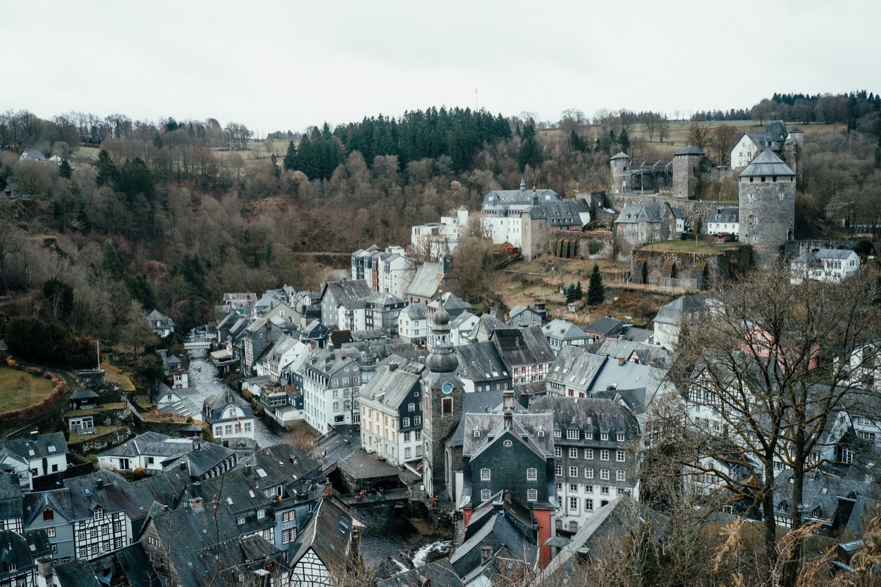 A hillside town with slate roofs and a stone tower among bare trees