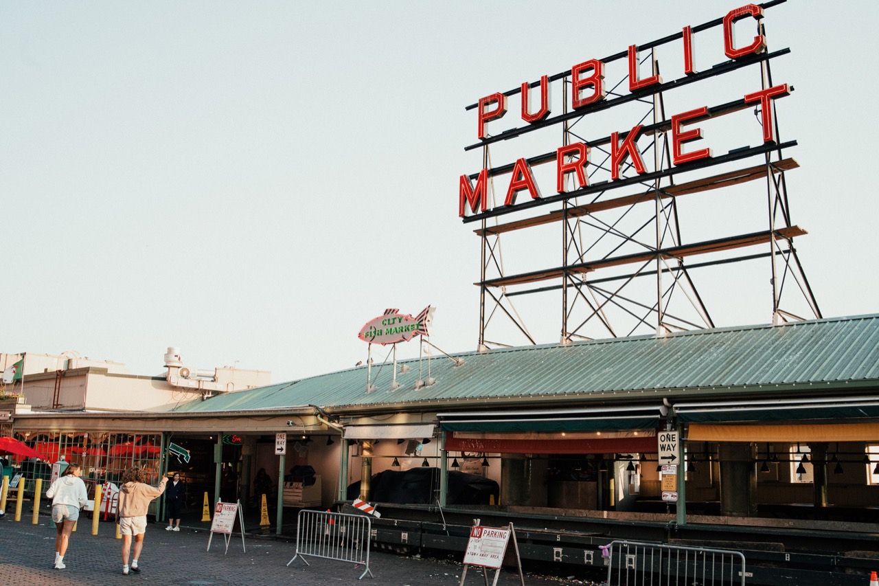 The Public Market Center sign above the entrance to Pike Place Market