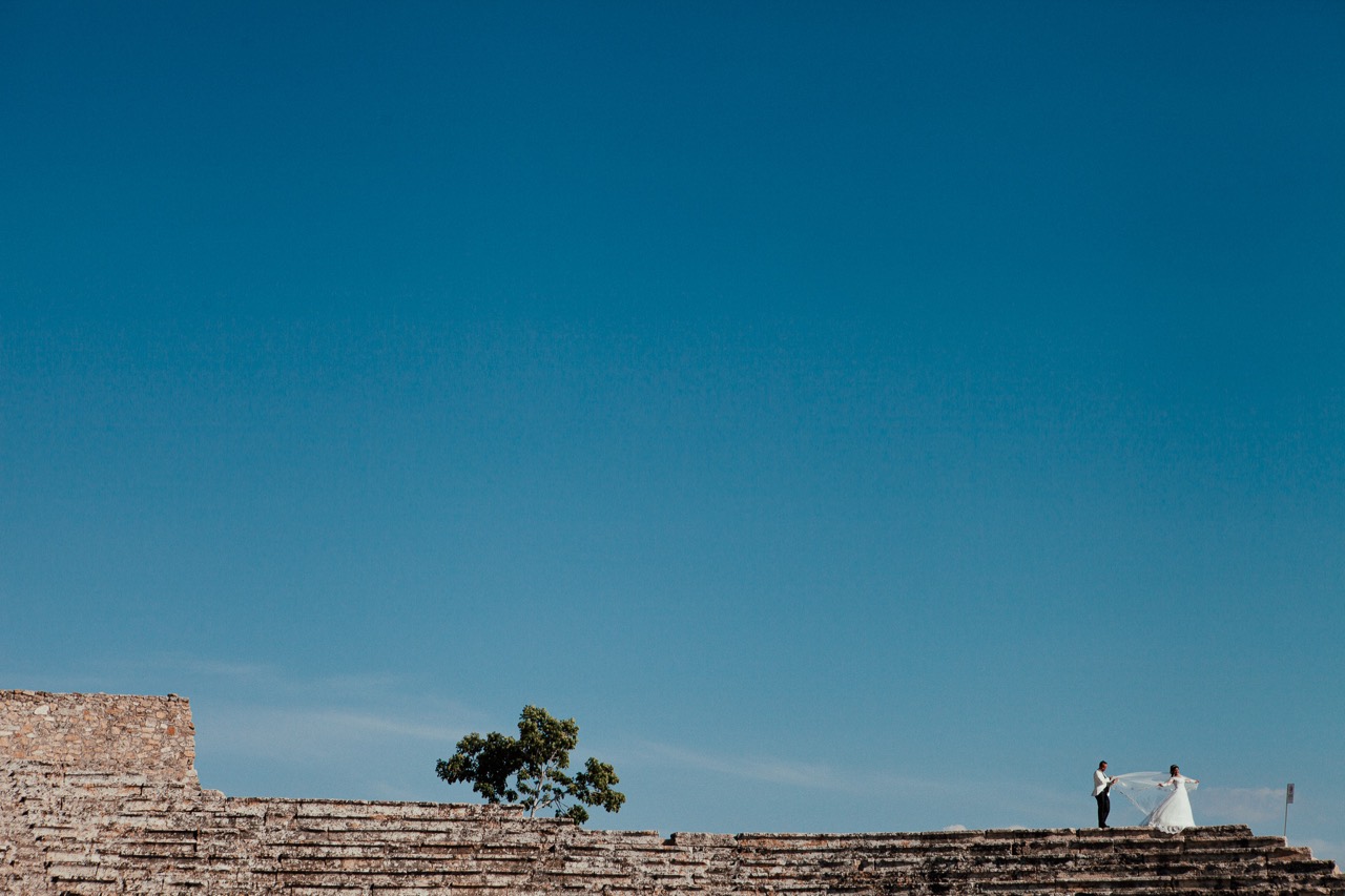 A low stone wall and scattered trees beneath a deep blue sky